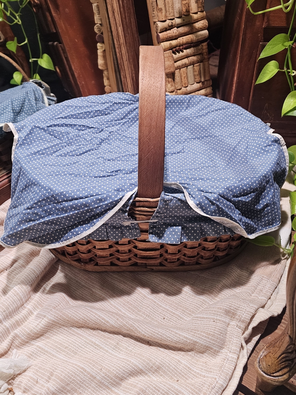 Vintage Woven Picnic Basket with Blue Polka Heart Liner